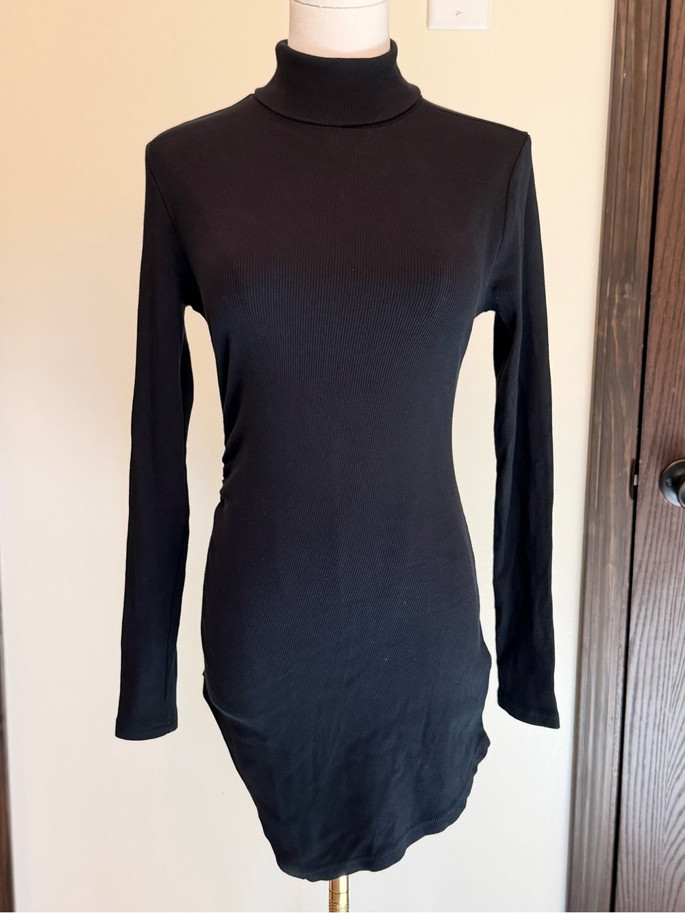 Maeve Anthropologie Black Long-Sleeve Turtleneck Dress Ruched Side